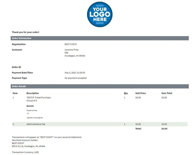 Ticket Purchase Receipt sample